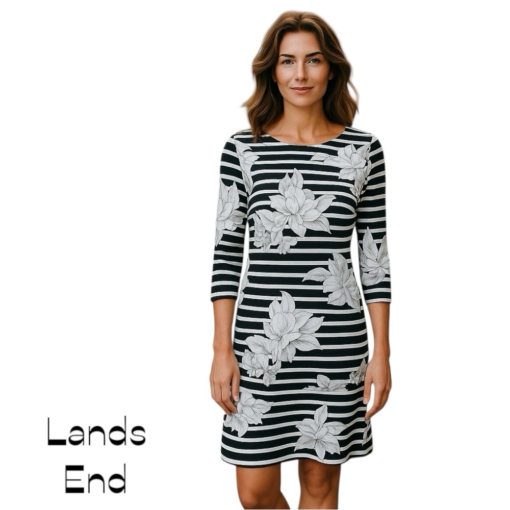Lands’ End Black White Floral Striped Dress NWOT Size SP Nautical Vacation